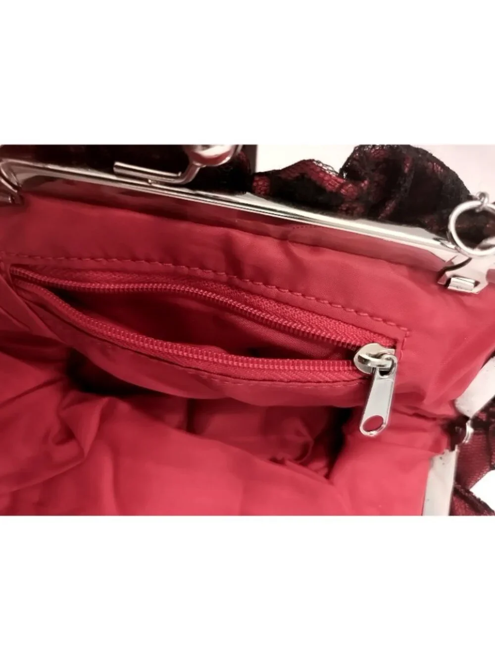 Accessories Red And Black Satin Lace Evening Clutch Bag With Silver Chain